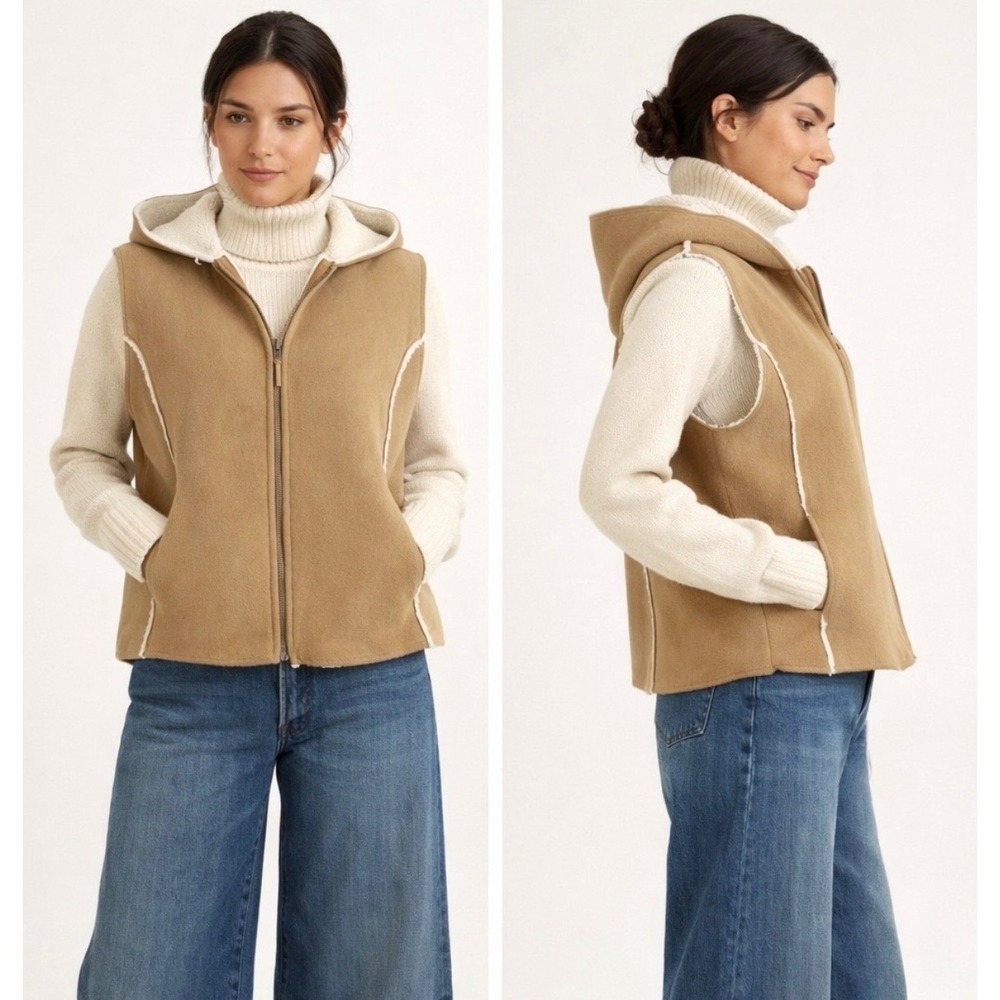 Lauren Ralph Lauren Tan Sherpa Vest Cream Trim Large Cozy Neutral
